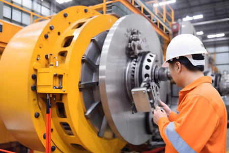 A mechanical engineer inspecting and troubleshooting a large-scale industrial machine, wearing safety gear and ensuring smooth operation. Generative AIの素材