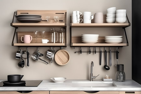 Contemporary kitchen with an empty wall and a small open shelf holding a collection of stylish dinnerware. Created with generative AIの素材