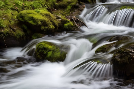 Panning shot of a flowing river or waterfall, capturing the smooth and cascading motion of the water while blurring the surrounding landscape, creating a sense of energy and fluidity in the scene. Generative AIの素材