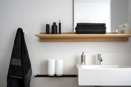 Contemporary bathroom with an empty wall and a small shelf holding neatly folded towels. Created with generative AIの素材
