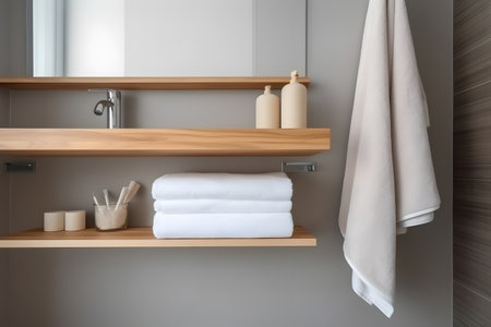 Contemporary bathroom with an empty wall and a small shelf holding neatly folded towels. Created with generative AIの素材
