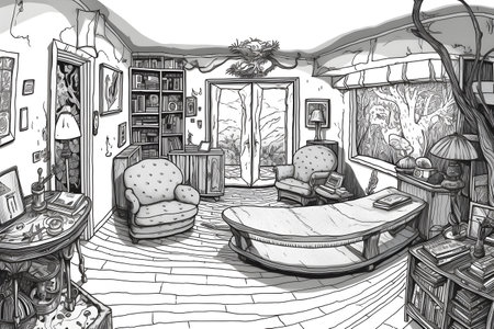 Beautiful hand drawn inking illustration of a living room. Created with generative AIの素材