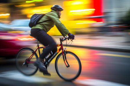 Motion blur image of a city cyclist speeding through traffic, creating a sense of urban energy and transportation. Generative AIの素材