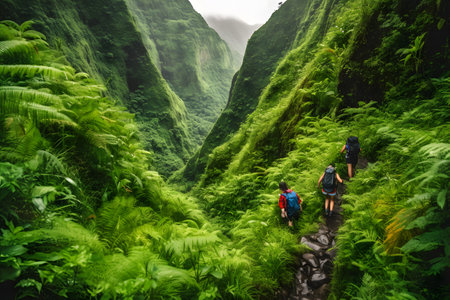 Adventurous travelers hiking through lush green mountains, the exploration and thrill of a summer vacation. Generative AIの素材