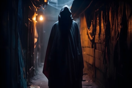 A shadowy figure cloaked in a tattered robe, standing beneath a flickering streetlamp in an abandoned alleyway, exuding an aura of enigmatic danger. Generative AIの素材