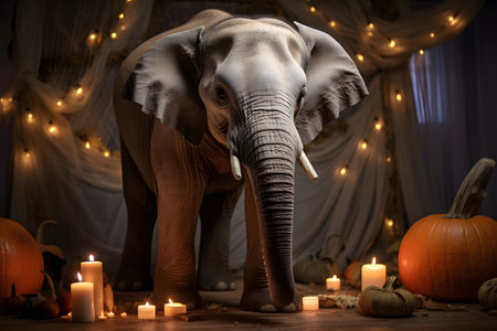 Spooky portrait of an elephant in a Halloween setup in studio, dramatic lighting. Generative AIの素材