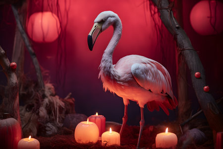Spooky portrait of a flamingo in a Halloween setup in studio, dramatic lighting. Generative AIの素材