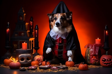 Spooky portrait of a Pembroke Welsh Corgi (dog) in a Halloween setup in studio, dramatic lighting. Generative AIの素材