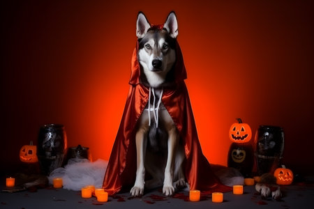 Spooky portrait of a Siberian Husky (dog) in a Halloween setup in studio, dramatic lighting. Generative AIの素材