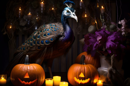 Spooky portrait of a peacock in a Halloween setup in studio, dramatic lighting. Generative AIの素材