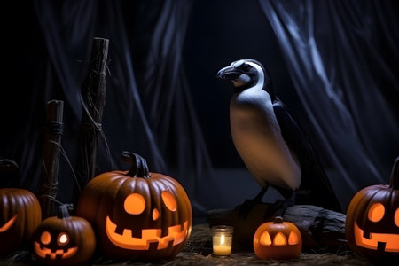 Spooky portrait of a penguin in a Halloween setup in studio, dramatic lighting. Generative AIの素材