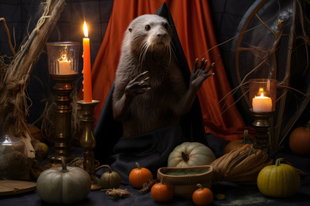 Spooky portrait of an otter in a Halloween setup in studio, dramatic lighting. Generative AIの素材