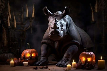 Spooky portrait of a rhinoceros in a Halloween setup in studio, dramatic lighting. Generative AIの素材