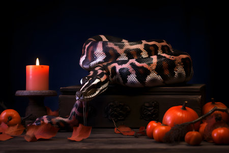 Spooky portrait of a snake in a Halloween setup in studio, dramatic lighting. Generative AIの素材