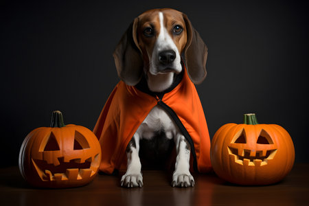 Spooky portrait of a Beagle (dog) in a Halloween setup in studio, dramatic lighting. Generative AIの素材