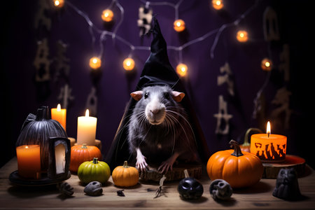 Spooky portrait of a guinea pig in a Halloween setup in studio, dramatic lighting. Generative AIの素材