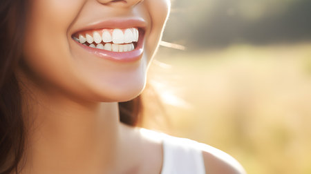 A beautiful young woman laughing happily. Mouth detail, dental health or dental clinic concept. Generative AIの素材