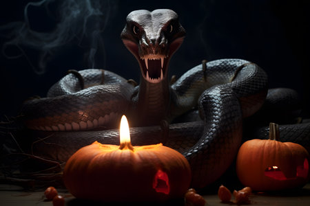 Spooky portrait of a snake or serpent in a Halloween setup in studio, dramatic lighting. Generative AIの素材