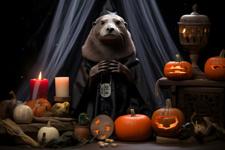 Spooky portrait of an otter in a Halloween setup in studio, dramatic lighting. Generative AIの素材