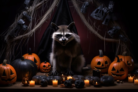 Spooky portrait of a raccoon in a Halloween setup in studio, dramatic lighting. Generative AIの素材