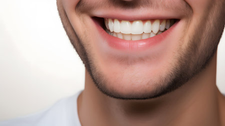 A beautiful young man laughing happily. Mouth detail, dental health or dental clinic concept. Generative AIの素材