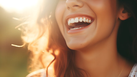 A beautiful young woman laughing happily. Mouth detail, dental health or dental clinic concept. Generative AIの素材