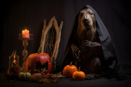 Spooky portrait of a beaver in a Halloween setup in studio, dramatic lighting. Generative AIの素材