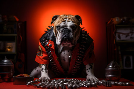Spooky portrait of a Bulldog in a Halloween setup in studio, dramatic lighting. Generative AIの素材