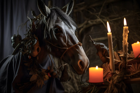 Spooky portrait of a donkey or horse in a Halloween setup in studio, dramatic lighting. Generative AIの素材
