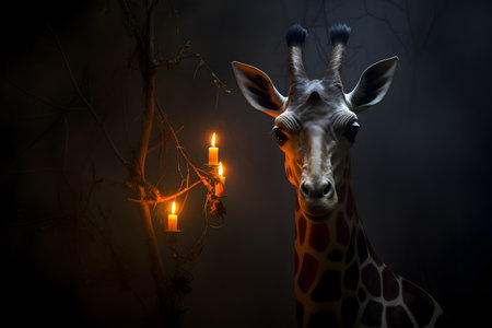 Spooky portrait of a giraffe in a Halloween setup in studio, dramatic lighting. Generative AIの素材