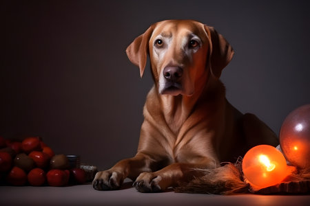 Spooky portrait of a Labrador Retriever (dog) in a Halloween setup in studio, dramatic lighting. Generative AIの素材