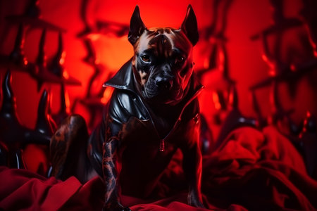 Spooky portrait of a Staffordshire Bull Terrier (dog) in a Halloween setup in studio, dramatic lighting. Generative AIの素材