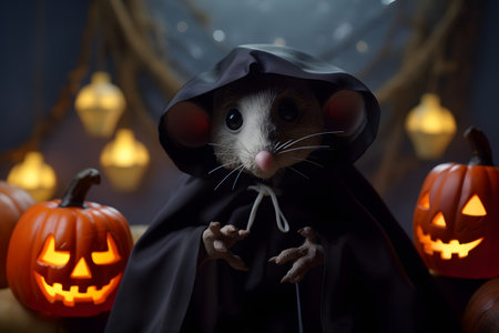 Spooky portrait of a mouse in a Halloween setup in studio, dramatic lighting. Generative AIの素材