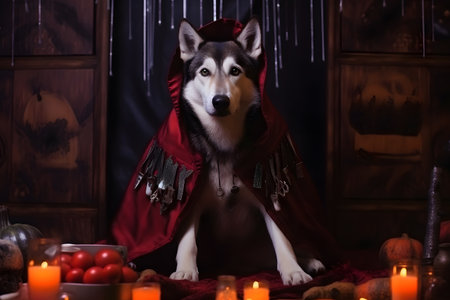 Spooky portrait of a Siberian Husky (dog) in a Halloween setup in studio, dramatic lighting. Generative AIの素材
