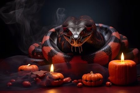 Spooky portrait of a snake or serpent in a Halloween setup in studio, dramatic lighting. Generative AIの素材