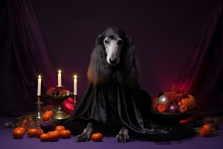 Spooky portrait of a Poodle (dog) in a Halloween setup in studio, dramatic lighting. Generative AIの素材