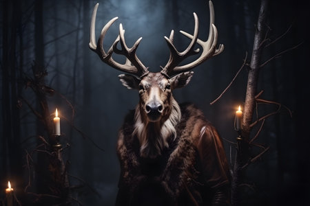 Spooky portrait of a reindeer or deer in a Halloween setup in studio, dramatic lighting. Generative AIの素材