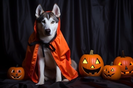 Spooky portrait of a Siberian Husky (dog) in a Halloween setup in studio, dramatic lighting. Generative AIの素材