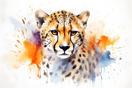 Modern colorful watercolor painting of a cheetah, textured white paper background, vibrant paint splashes. Generative AIの素材