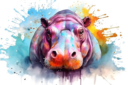 Modern colorful watercolor painting of a hippopotamus, textured white paper background, vibrant paint splashes. Generative AIの素材