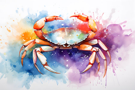 Modern colorful watercolor painting of a crab, textured white paper background, vibrant paint splashes. Generative AIの素材