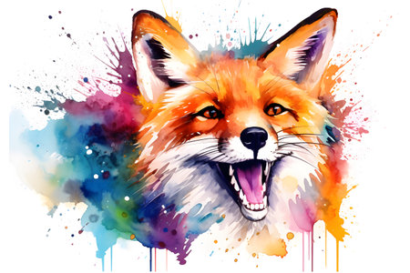 Modern colorful watercolor painting of a fox, textured white paper background, vibrant paint splashes. Generative AIの素材