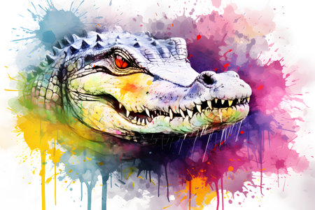 Modern colorful watercolor painting of a crocodile, textured white paper background, vibrant paint splashes. Generative AIの素材