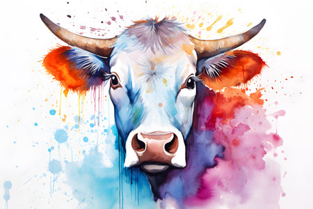 Modern colorful watercolor painting of a cow, textured white paper background, vibrant paint splashes. Generative AIの素材