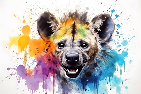 Modern colorful watercolor painting of a hyena, textured white paper background, vibrant paint splashes. Generative AIの素材