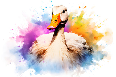 Modern colorful watercolor painting of a goose, textured white paper background, vibrant paint splashes. Generative AIの素材