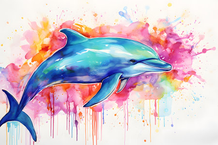 Modern colorful watercolor painting of a dolphin, textured white paper background, vibrant paint splashes. Generative AIの素材