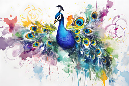 Modern colorful watercolor painting of a peacock, textured white paper background, vibrant paint splashes. Generative AIの素材