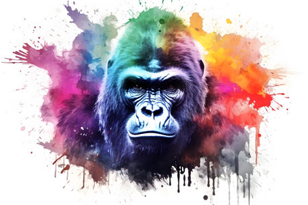 Modern colorful watercolor painting of a gorilla, textured white paper background, vibrant paint splashes. Generative AIの素材