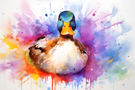 Modern colorful watercolor painting of a duck, textured white paper background, vibrant paint splashes. Generative AIの素材